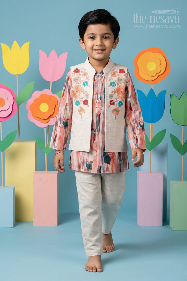 The Nesavu Boys Jacket Sets Boys Jacket Set for Festive Occasions and Birthday Celebrations Nesavu 16 (1Y) / Pink / Cotton BCS579B-16 Nesavu boys cotton jacket set with digital print jacket for festive celebrations and weddings