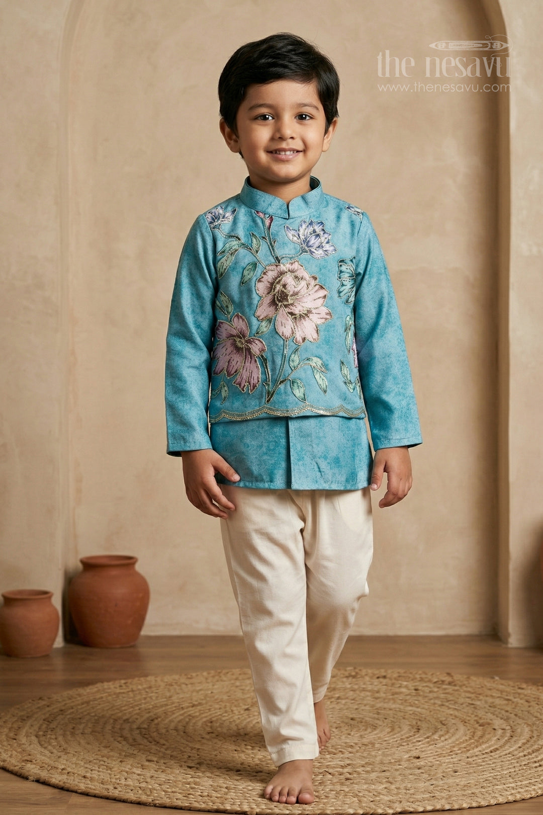 The Nesavu Boys Jacket Sets Boys Jacket Set for Festive Occasions and Wedding Wear Nesavu 16 (1Y) / Turquoise / Viscose BES970A-16 Nesavu boys viscose silk blend jacket set with digital print for festive occasions and wedding wear