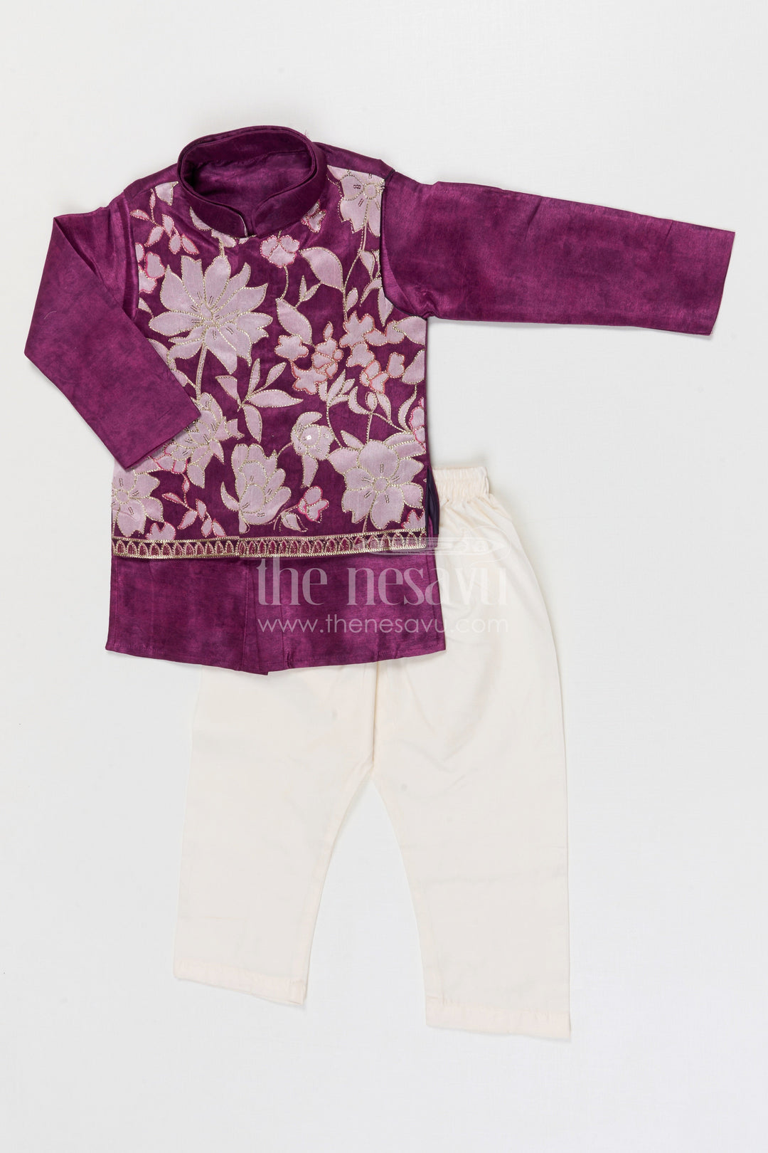 The Nesavu Boys Jacket Sets Boys Jacket Set for Festive Weddings and Traditional Functions Nesavu 14 (6M) / Maroon / Viscose Silk BES954A-14 Nesavu boys viscose blend silk jacket set with embroidered jacket for weddings