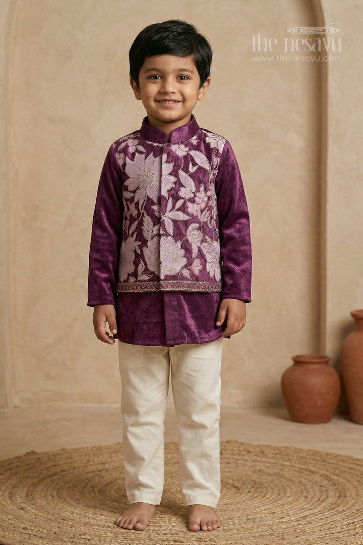The Nesavu Boys Jacket Sets Boys Jacket Set for Festive Weddings and Traditional Functions Nesavu 14 (6M) / Maroon / Viscose Silk BES954A-14 Nesavu boys viscose blend silk jacket set with embroidered jacket for weddings
