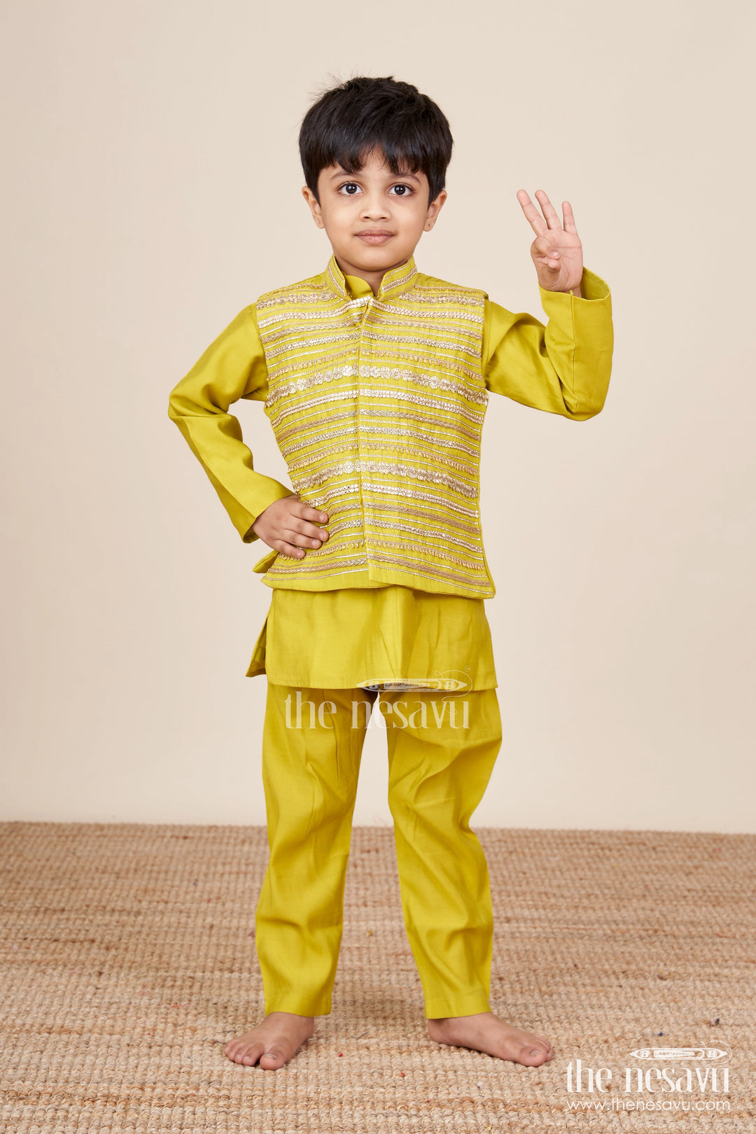 The Nesavu Boys Jacket Sets Boys Jacket Set for Weddings and Festive Functions Nesavu 18 (2Y) / Green BES740A-18 Nesavu boys silk jacket set designer embroidery  perfect weddings festive occasions