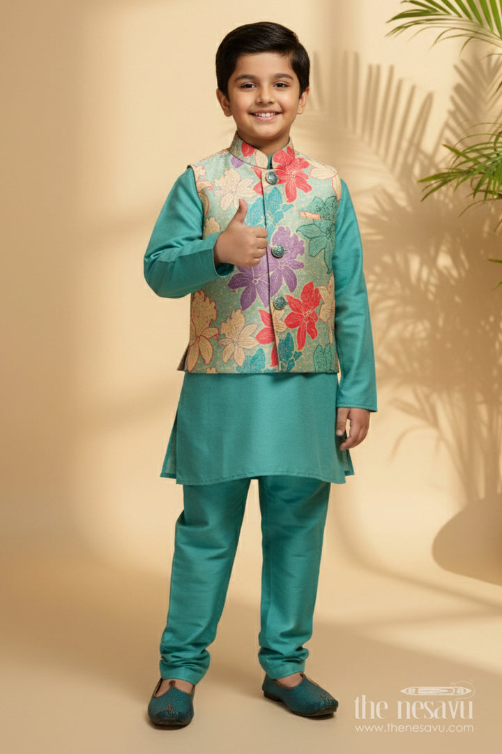 The Nesavu Boys Jacket Sets Boys Jacket Set for Weddings and Festive Occasions Nesavu 14 (6M) / Green BES716B-14 Nesavu boys festive jacket set digital print weddings special family celebrations