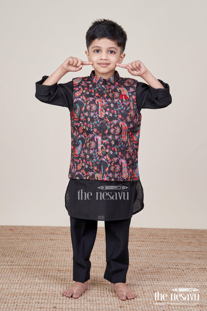 The Nesavu Boys Jacket Sets Boys Jacket Set for Weddings and Traditional Events Nesavu 16 (1Y) / Black BES911A-16 Nesavu boys jacket kurta set festive digital print weddings ethnic school days