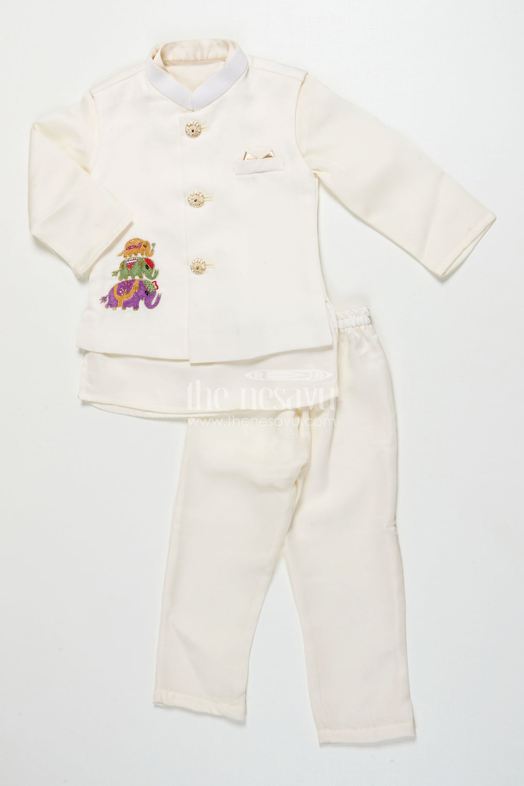 The Nesavu Boys Jacket Sets Boys Jacket Set for Weddings and Traditional Family Celebrations Nesavu 14 (6M) / Cream BES924A-14 Nesavu boys embroidered jacket dhoti set silk weddings naming ceremony celebrations