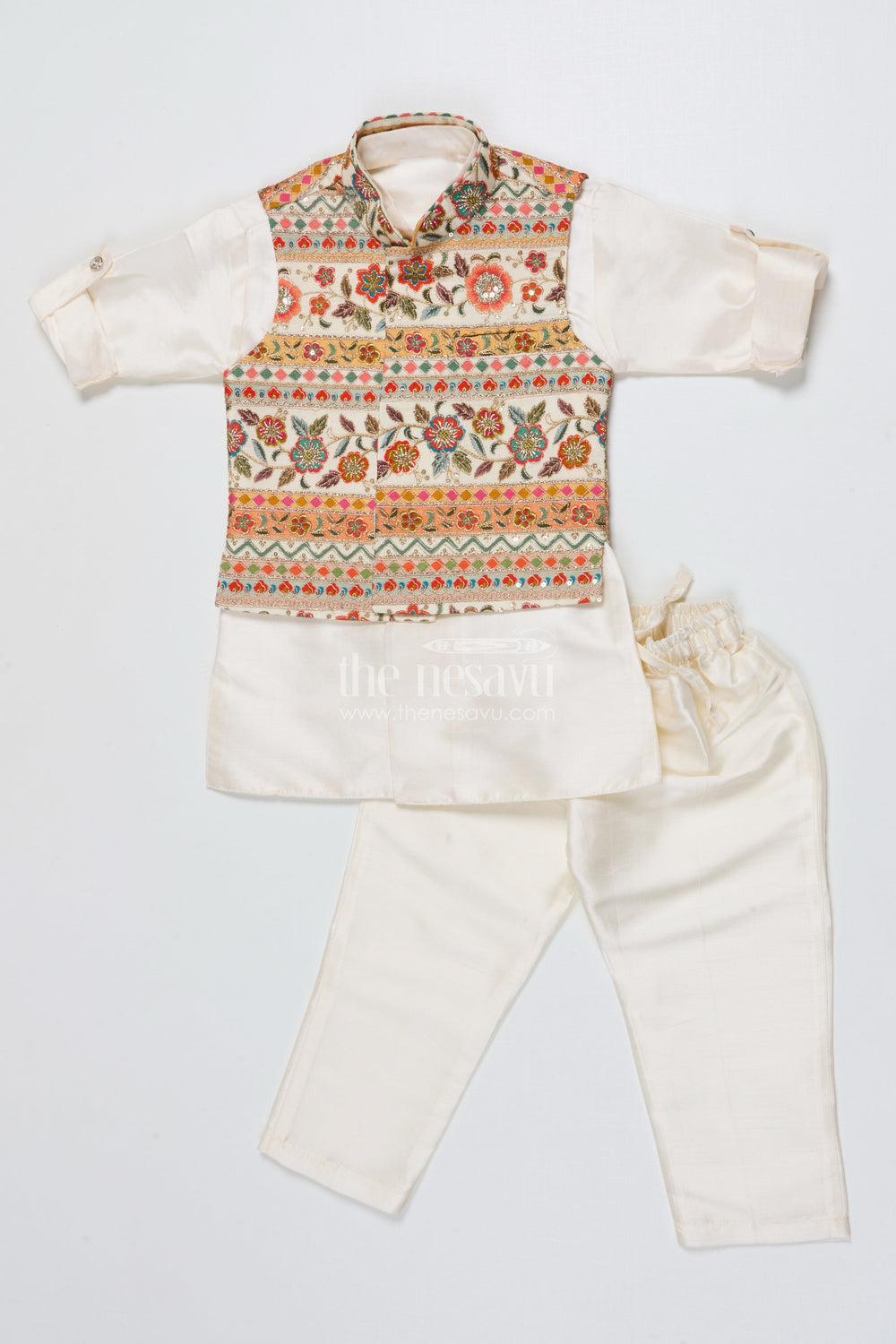 The Nesavu Boys Jacket Sets Boys Jacket Set for Weddings and Traditional Family Occasions Nesavu 16 (1Y) / Cream BES830A-16 Nesavu boys ethnic jacket set designer Nehru jacket kurta festive celebrations