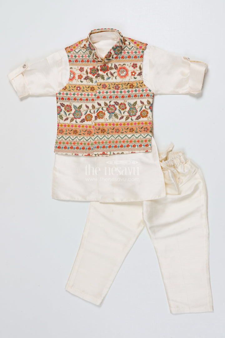 The Nesavu Boys Jacket Sets Boys Jacket Set for Weddings and Traditional Family Occasions Nesavu 16 (1Y) / Cream BES830A-16 Nesavu boys ethnic jacket set designer Nehru jacket kurta festive celebrations