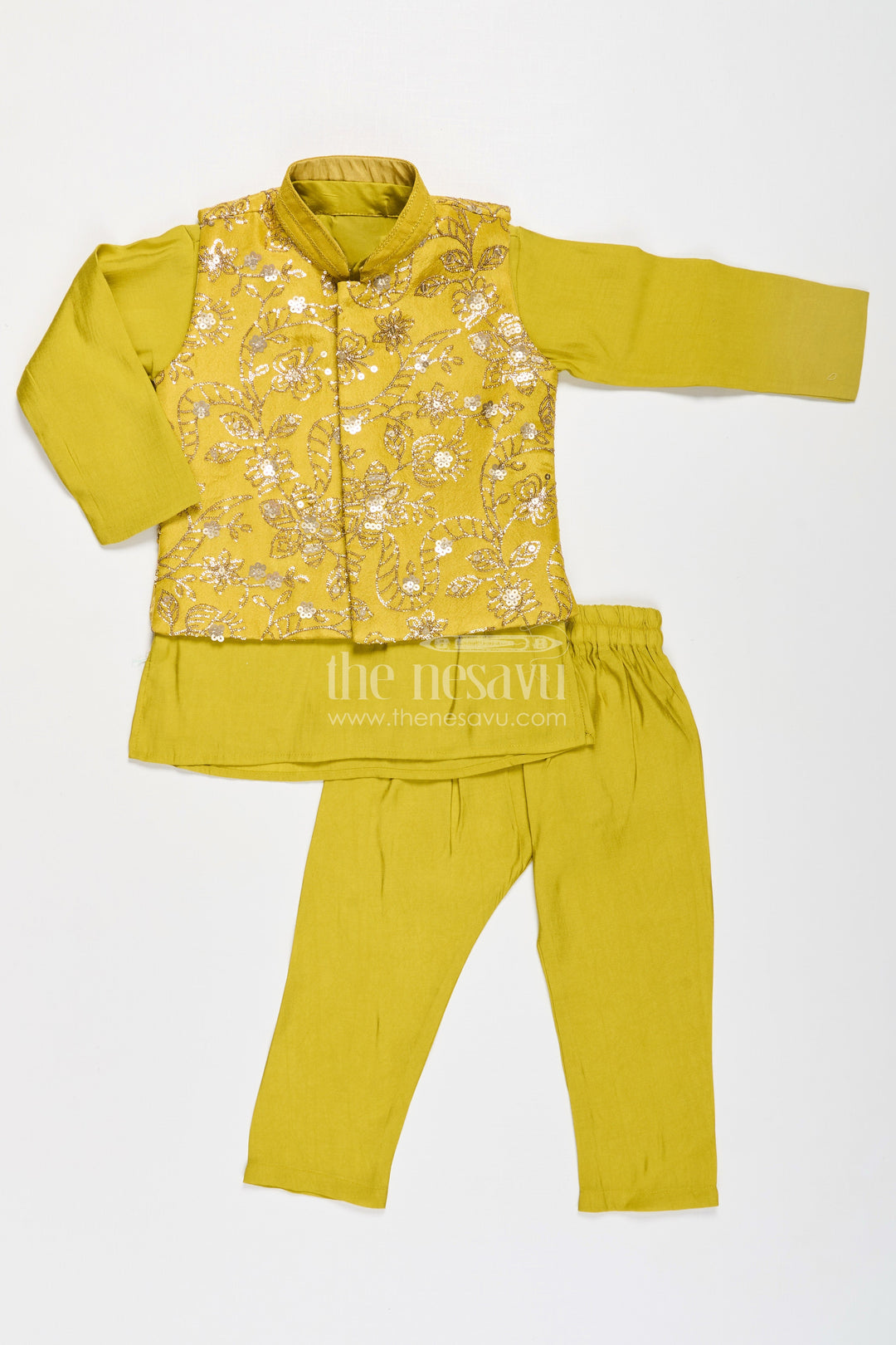 The Nesavu Boys Jacket Sets Boys Jacket Style Sherwani in Mustard Viscose Blend with Heavy Sequin Embroidered Nehru Jacket Nesavu 16 (1Y) / Green BES712B-16 Boys Mustard Jacket Style Sherwani Sequin Embroidered Nehru Jacket Matching Kurta Set | The Nesavu