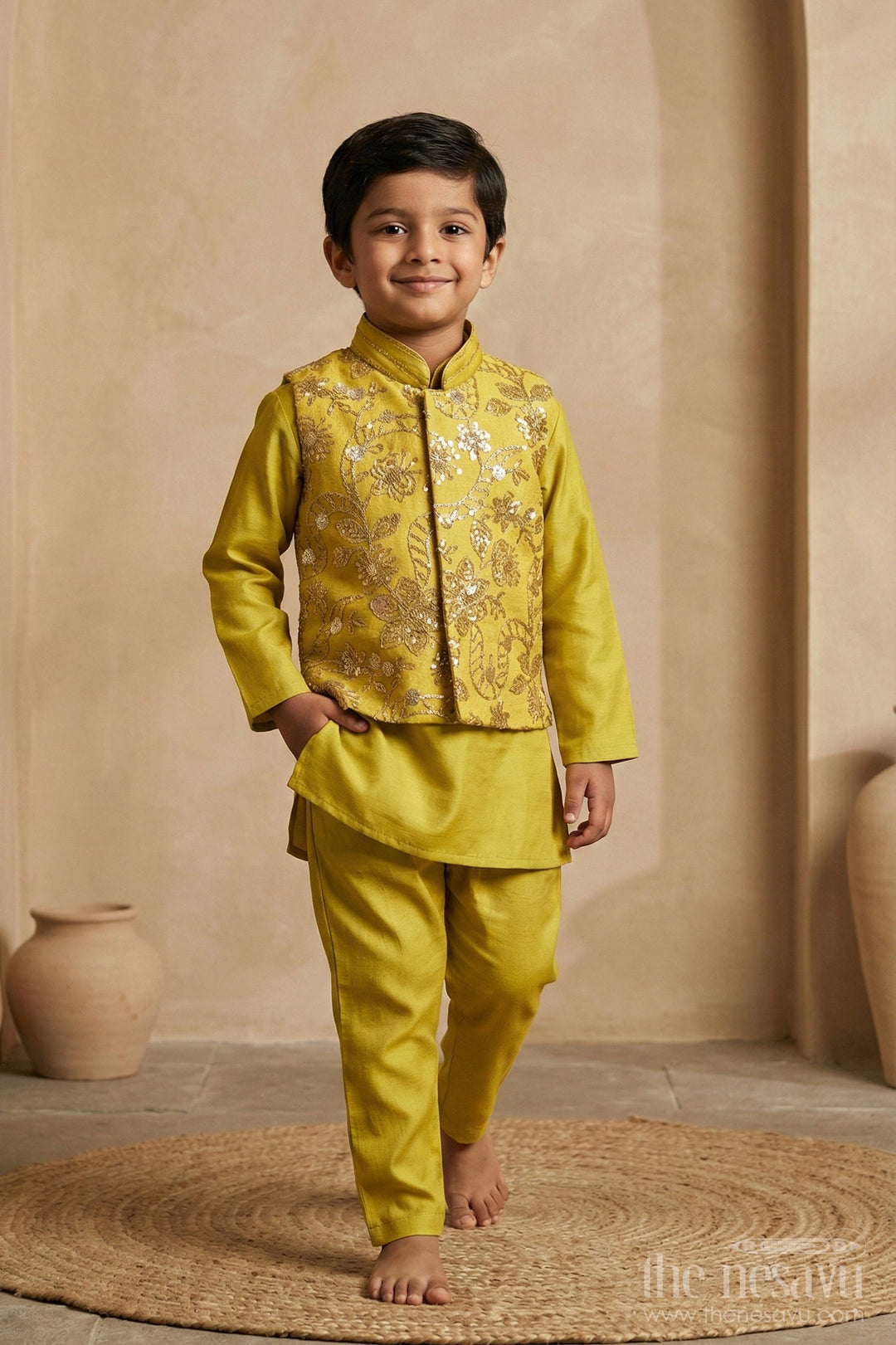 The Nesavu Boys Jacket Sets Boys Jacket Style Sherwani in Mustard Viscose Blend with Heavy Sequin Embroidered Nehru Jacket Nesavu 16 (1Y) / Green BES712B-16 Boys Mustard Jacket Style Sherwani Sequin Embroidered Nehru Jacket Matching Kurta Set | The Nesavu