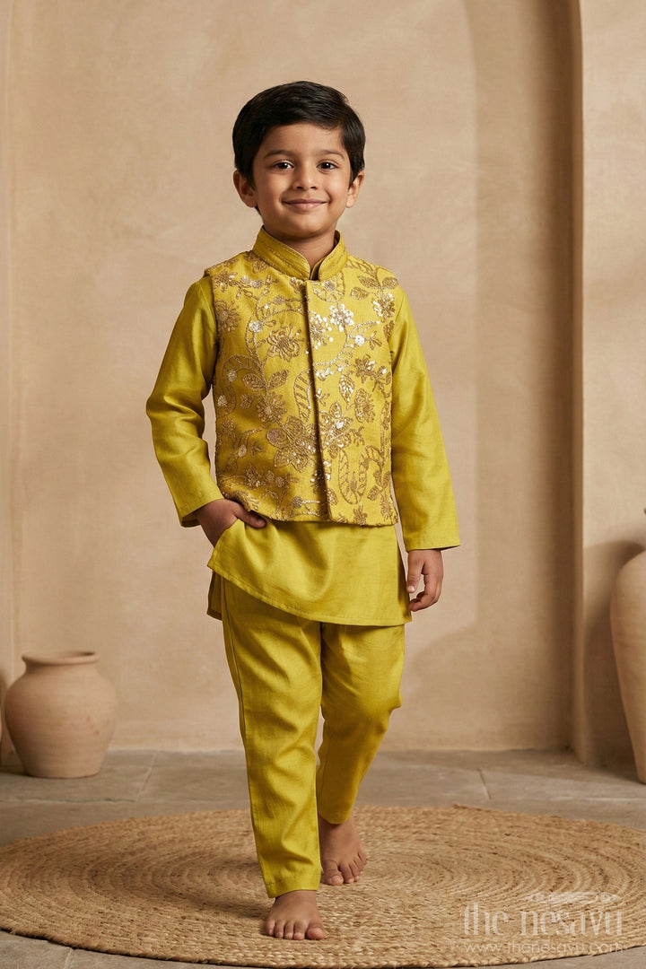 The Nesavu Boys Jacket Sets Boys Jacket Style Sherwani in Mustard Viscose Blend with Heavy Sequin Embroidered Nehru Jacket Nesavu 16 (1Y) / Green BES712B-16 Boys Mustard Jacket Style Sherwani Sequin Embroidered Nehru Jacket Matching Kurta Set | The Nesavu