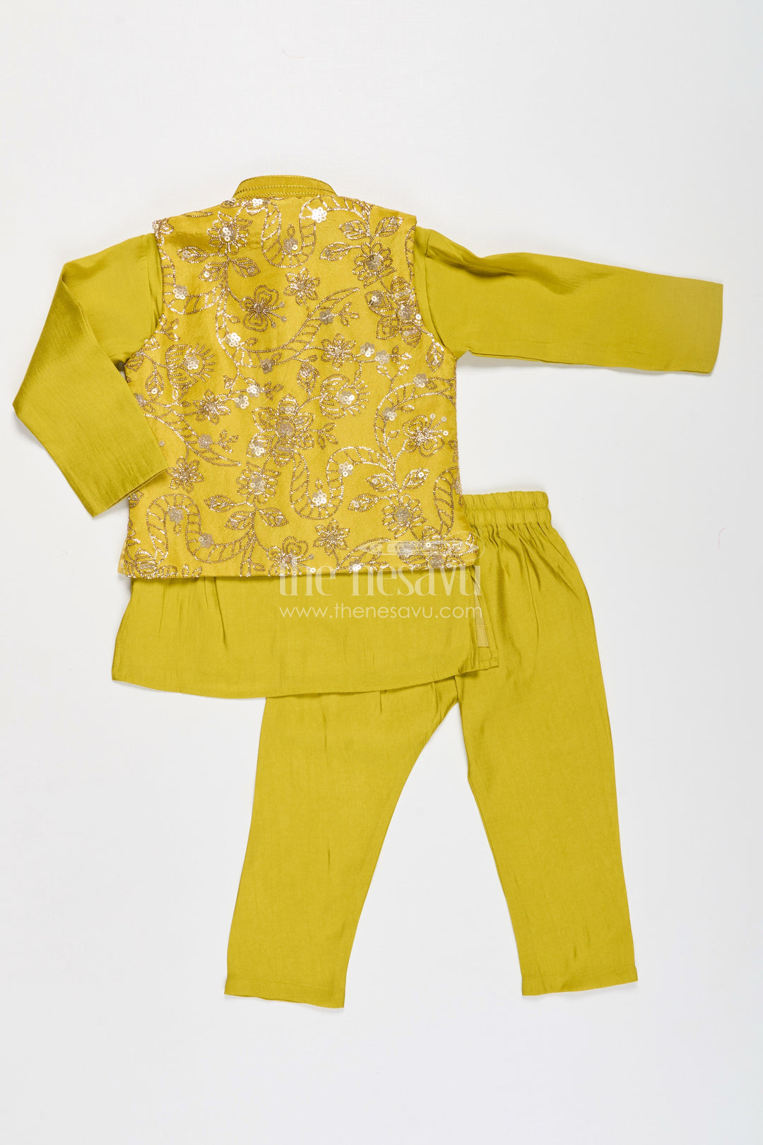 The Nesavu Boys Jacket Sets Boys Jacket Style Sherwani in Mustard Viscose Blend with Heavy Sequin Embroidered Nehru Jacket Nesavu Boys Mustard Jacket Style Sherwani Sequin Embroidered Nehru Jacket Matching Kurta Set | The Nesavu