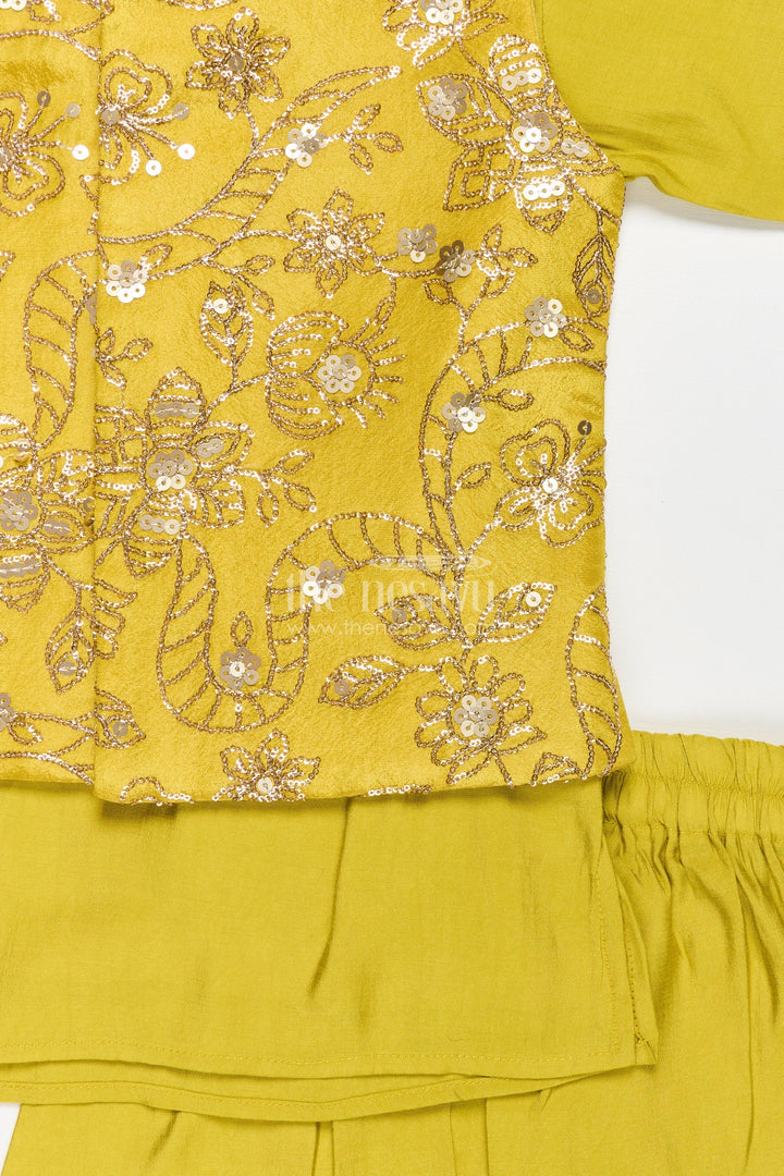 The Nesavu Boys Jacket Sets Boys Jacket Style Sherwani in Mustard Viscose Blend with Heavy Sequin Embroidered Nehru Jacket Nesavu Boys Mustard Jacket Style Sherwani Sequin Embroidered Nehru Jacket Matching Kurta Set | The Nesavu