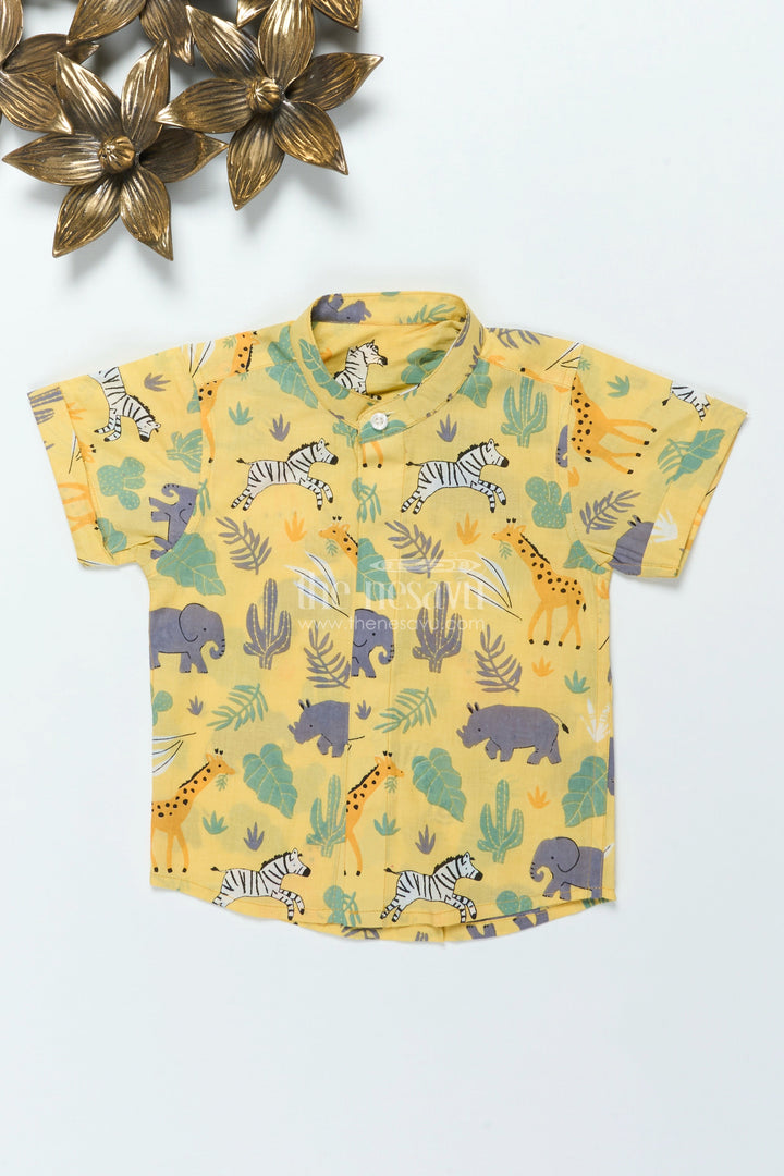 The Nesavu Boys Cotton Shirt Boys Jungle-Themed Cotton Shirt for Summer Outings and Everyday Wear Nesavu Nesavu boys cotton shirt jungle animal print everyday wear outdoor fun