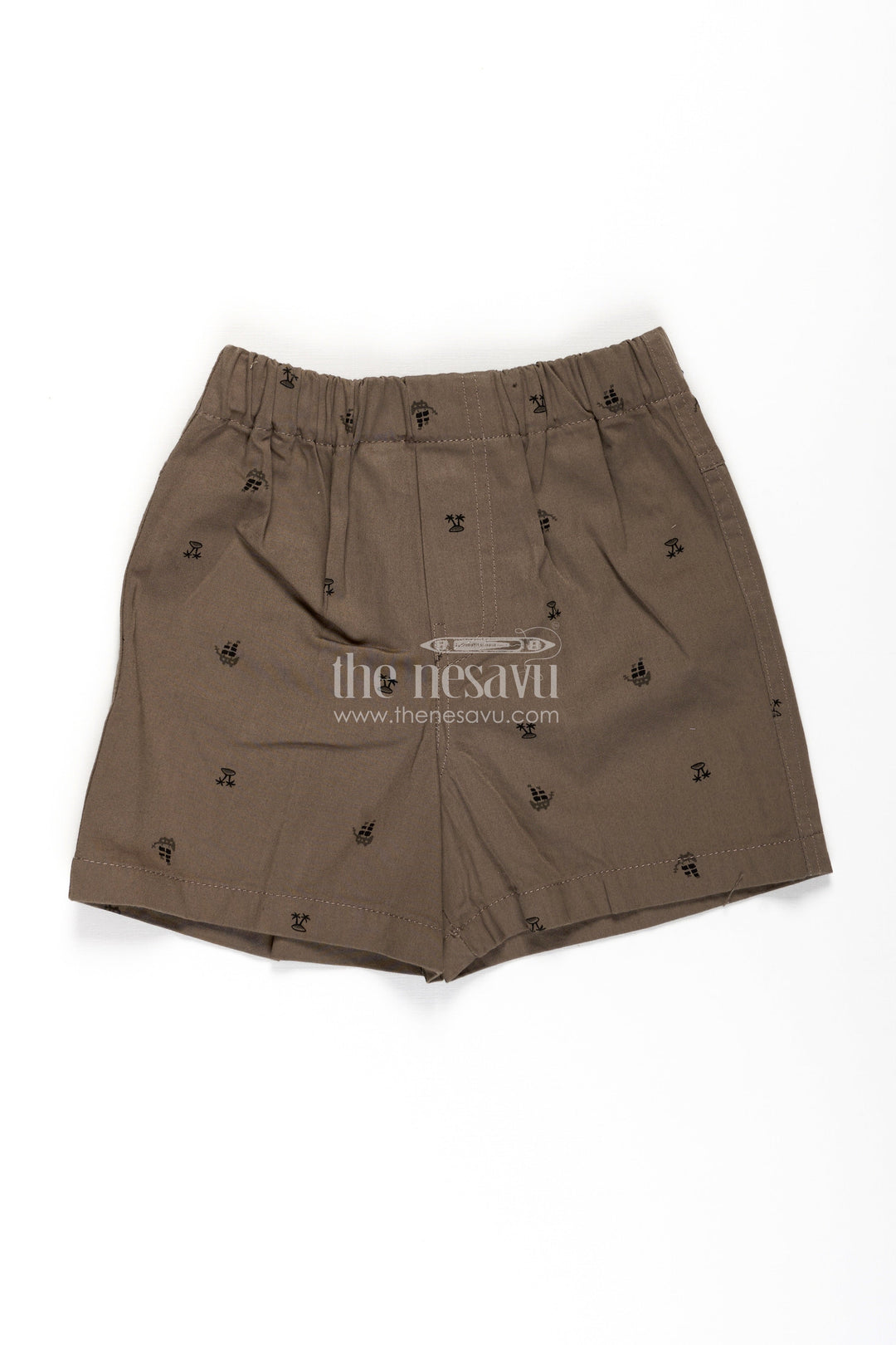 The Nesavu Boys Shorts Boys Khaki Cotton Sweatshirt Shorts with Tropical Palm Tree Print and Comfy Elastic Waistband Nesavu 18 (2Y) / Brown BWS060A-18 Nesavu Boys Khaki Cotton Sweatshirt Shorts Palm Tree Print Relaxed Everyday Fit