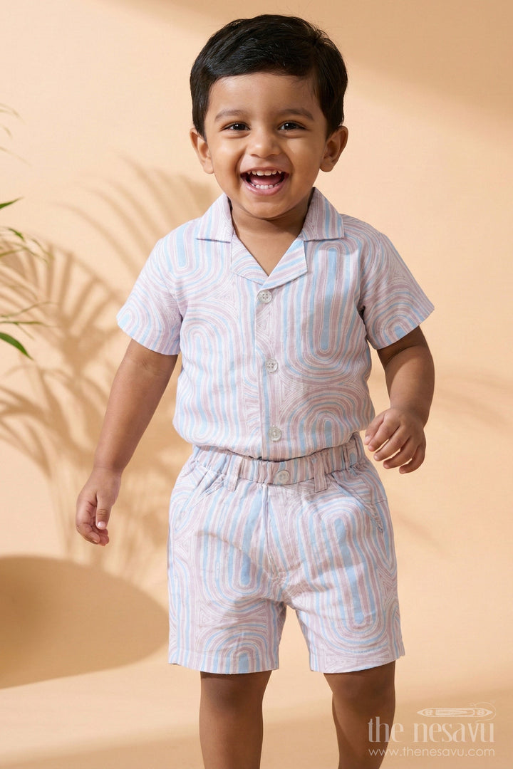 The Nesavu Boys Casual Set Boys Knitted Co-Ord Set with Unique Swirl Pattern for a Retro Summer Look Nesavu 12 (3M) / Multicolor BCS156A-12 Nesavu Boys Knitted Co-Ord Set Swirl Pattern Blue Beige Retro Summer Playdates