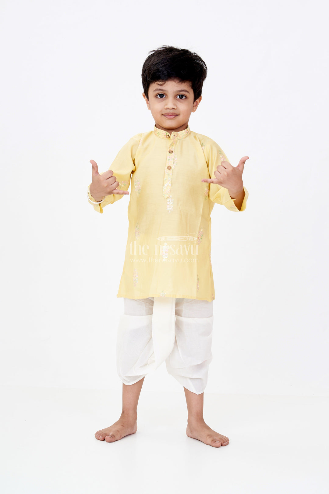 The Nesavu Boys Dothi Set Boys Kurta and Dhoti Pant Set in Yellow Silk Blend with Delicate Embroidery Accents Nesavu 12 (3M) / Yellow BES667A-12 Boys Silk Blend Kurta Dhoti Pant Set Embroidered Yellow Top Classic Styling | The Nesavu
