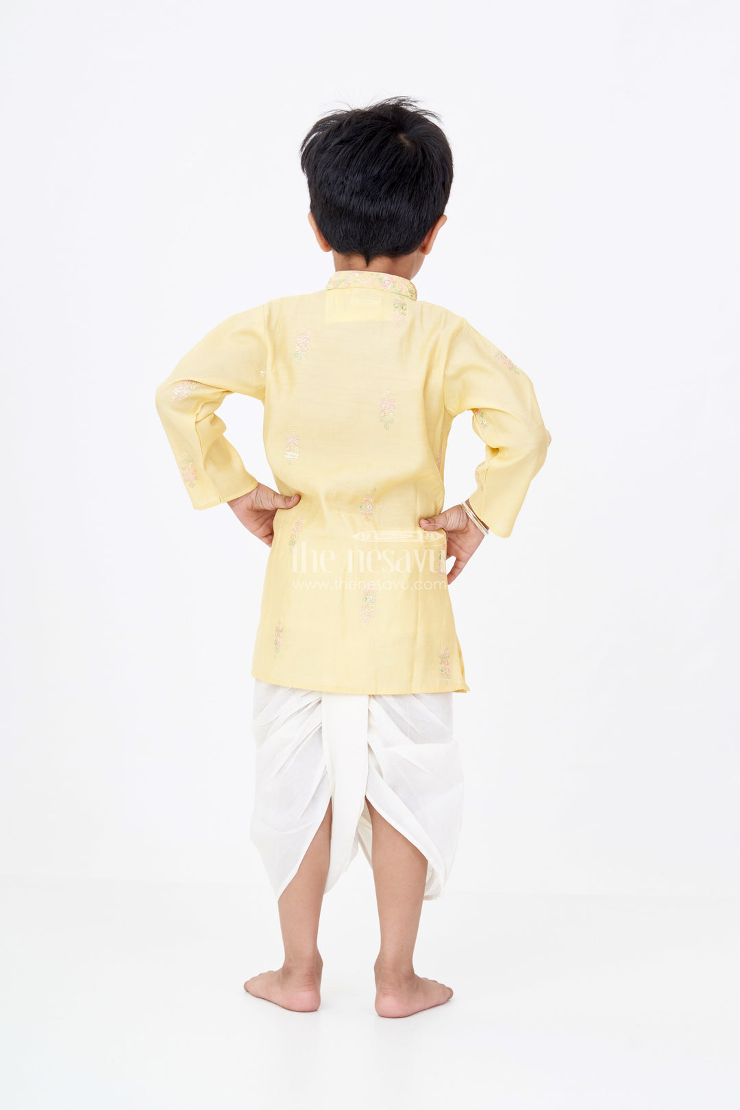 The Nesavu Boys Dothi Set Boys Kurta and Dhoti Pant Set in Yellow Silk Blend with Delicate Embroidery Accents Nesavu Boys Silk Blend Kurta Dhoti Pant Set Embroidered Yellow Top Classic Styling | The Nesavu
