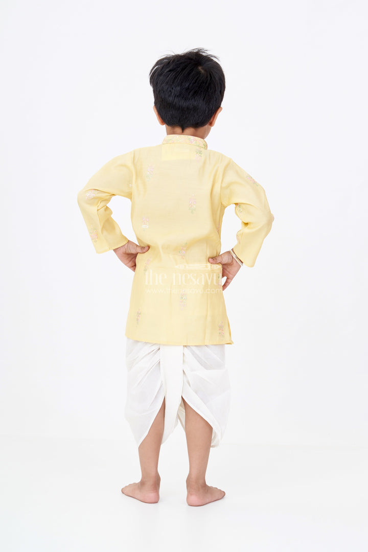 The Nesavu Boys Dothi Set Boys Kurta and Dhoti Pant Set in Yellow Silk Blend with Delicate Embroidery Accents Nesavu Boys Silk Blend Kurta Dhoti Pant Set Embroidered Yellow Top Classic Styling | The Nesavu