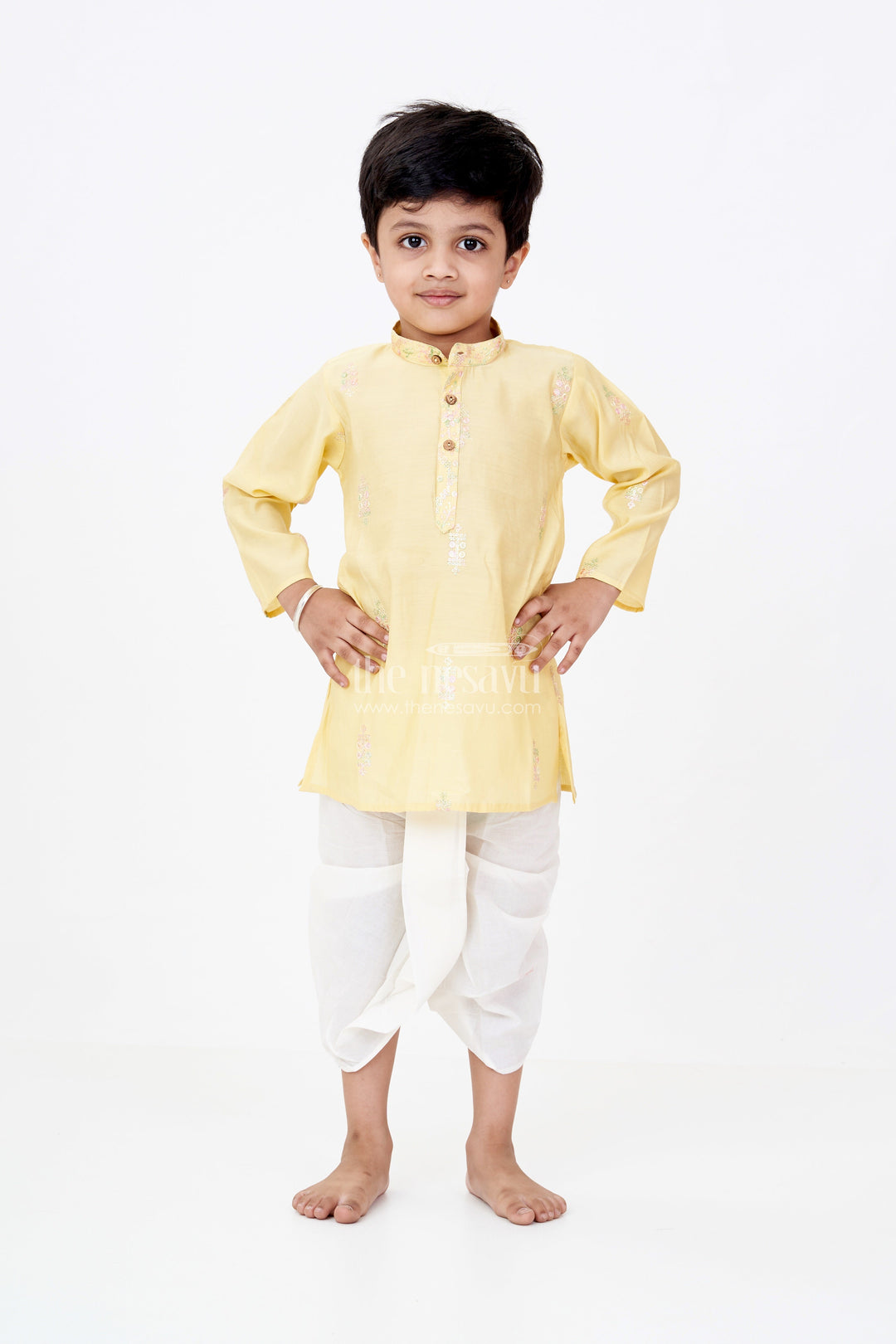The Nesavu Boys Dothi Set Boys Kurta and Dhoti Pant Set in Yellow Silk Blend with Delicate Embroidery Accents Nesavu Boys Silk Blend Kurta Dhoti Pant Set Embroidered Yellow Top Classic Styling | The Nesavu