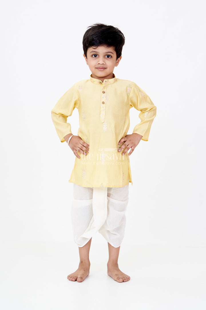 The Nesavu Boys Dothi Set Boys Kurta and Dhoti Pant Set in Yellow Silk Blend with Delicate Embroidery Accents Nesavu Boys Silk Blend Kurta Dhoti Pant Set Embroidered Yellow Top Classic Styling | The Nesavu