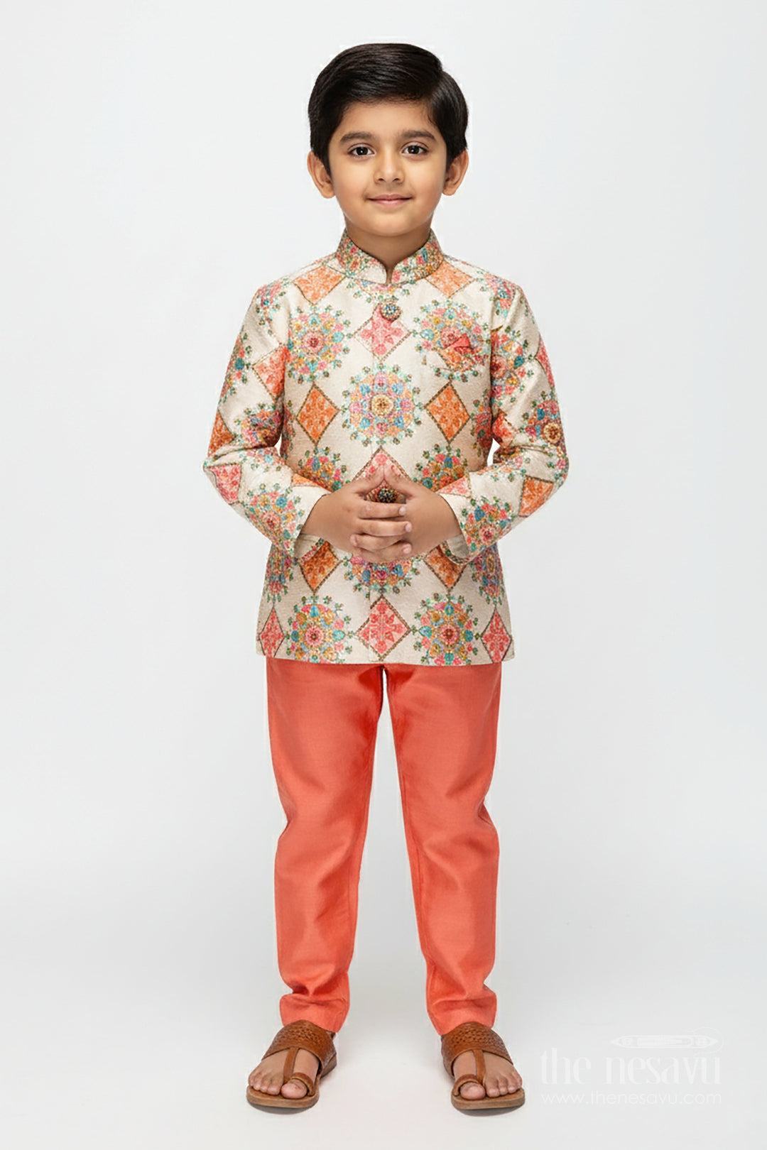 The Nesavu Boys Dothi Set Boys Kurta Dhoti and Pajama Set for Birthday and Traditional Functions Nesavu 12 (3M) / Pink BES805B-12 Nesavu boys silk blend kurta dhoti pajama set festive print birthdays poojas