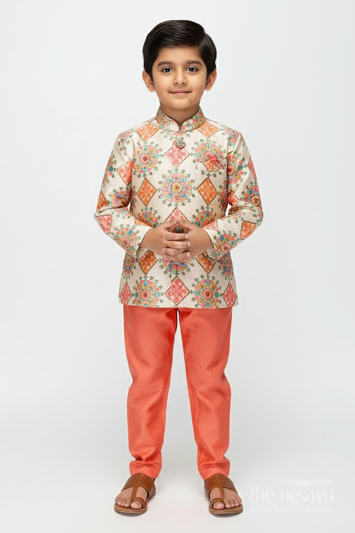 The Nesavu Boys Dothi Set Boys Kurta Dhoti and Pajama Set for Birthday and Traditional Functions Nesavu 12 (3M) / Pink BES805B-12 Nesavu boys silk blend kurta dhoti pajama set festive print birthdays poojas