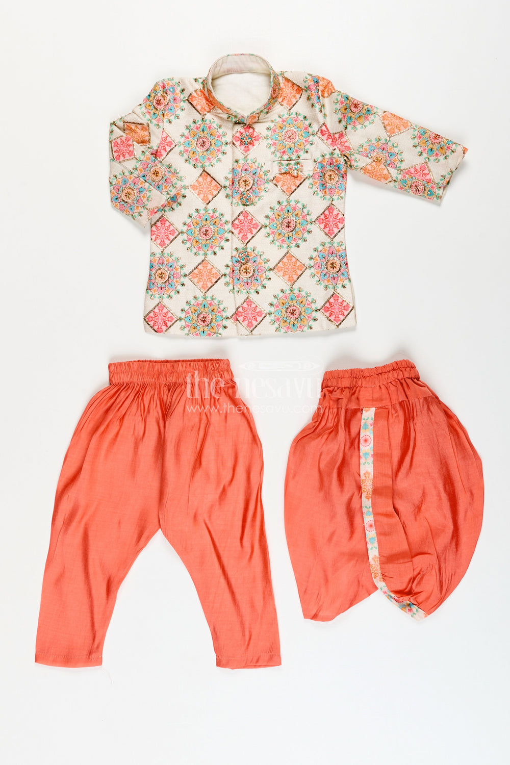 The Nesavu Boys Dothi Set Boys kurta dhoti and pajama set for birthday and traditional functions Nesavu Nesavu boys silk blend kurta dhoti pajama set festive print birthdays poojas