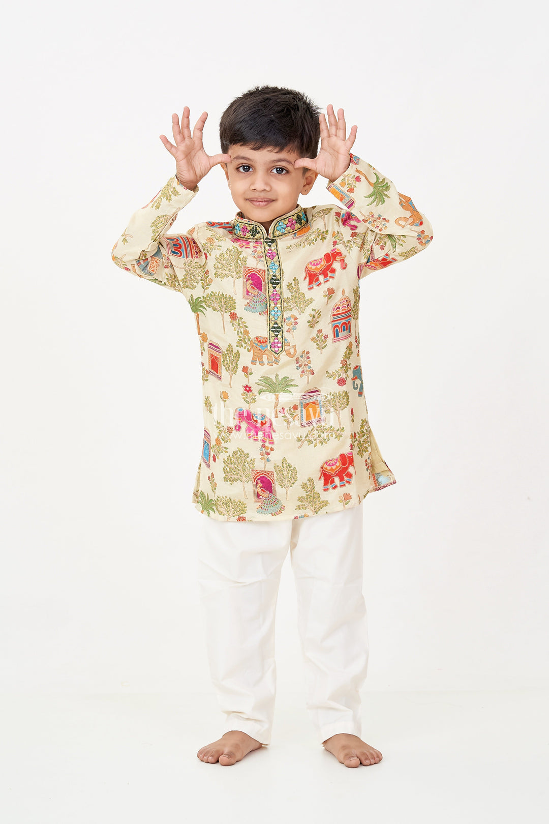 The Nesavu Boys Kurtha Set Boys Kurta Dhoti Pant Set in Elephant Motif Digital Print and Cream Bottoms for Festive Style Nesavu 18 (2Y) / Green BES707A-18 Boys kurta dhoti pant Set Elephant Print Mirror Neck Design Traditional Events | The Nesavu