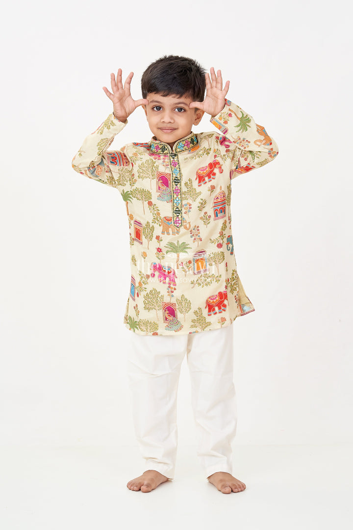 The Nesavu Boys Kurtha Set Boys Kurta Dhoti Pant Set in Elephant Motif Digital Print and Cream Bottoms for Festive Style Nesavu 18 (2Y) / Green BES707A-18 Boys kurta dhoti pant Set Elephant Print Mirror Neck Design Traditional Events | The Nesavu