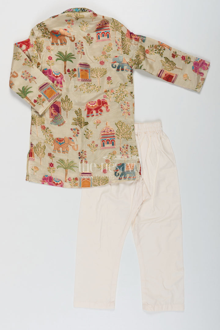 The Nesavu Boys Kurtha Set Boys Kurta Dhoti Pant Set in Elephant Motif Digital Print and Cream Bottoms for Festive Style Nesavu Boys kurta dhoti pant Set Elephant Print Mirror Neck Design Traditional Events | The Nesavu
