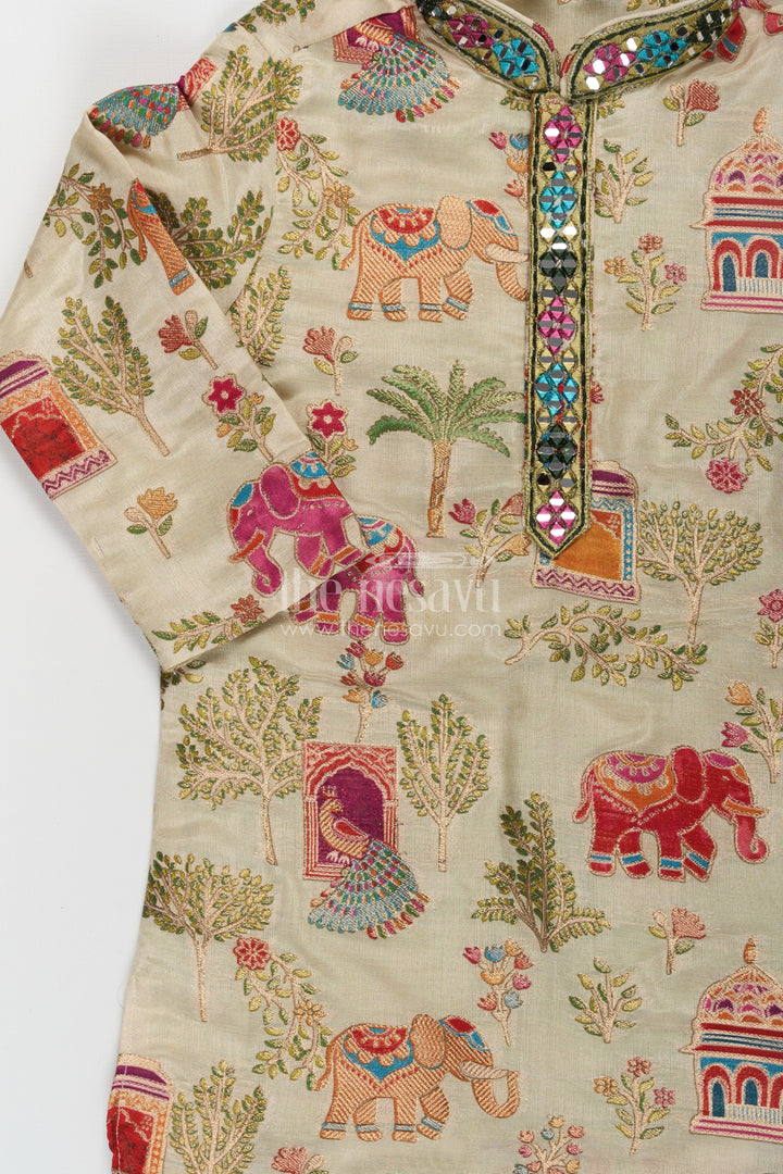 The Nesavu Boys Kurtha Set Boys Kurta Dhoti Pant Set in Elephant Motif Digital Print and Cream Bottoms for Festive Style Nesavu Boys kurta dhoti pant Set Elephant Print Mirror Neck Design Traditional Events | The Nesavu