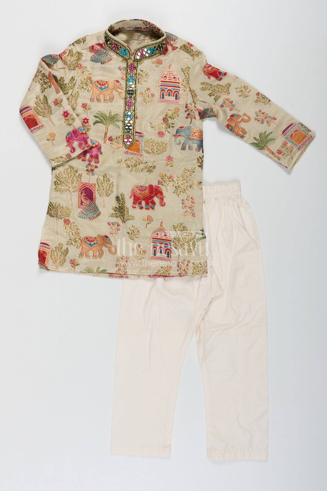 The Nesavu Boys Kurtha Set Boys Kurta Dhoti Pant Set in Elephant Motif Digital Print and Cream Bottoms for Festive Style Nesavu Boys kurta dhoti pant Set Elephant Print Mirror Neck Design Traditional Events | The Nesavu