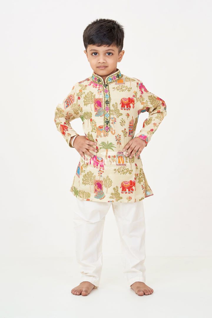 The Nesavu Boys Kurtha Set Boys Kurta Dhoti Pant Set in Elephant Motif Digital Print and Cream Bottoms for Festive Style Nesavu Boys kurta dhoti pant Set Elephant Print Mirror Neck Design Traditional Events | The Nesavu