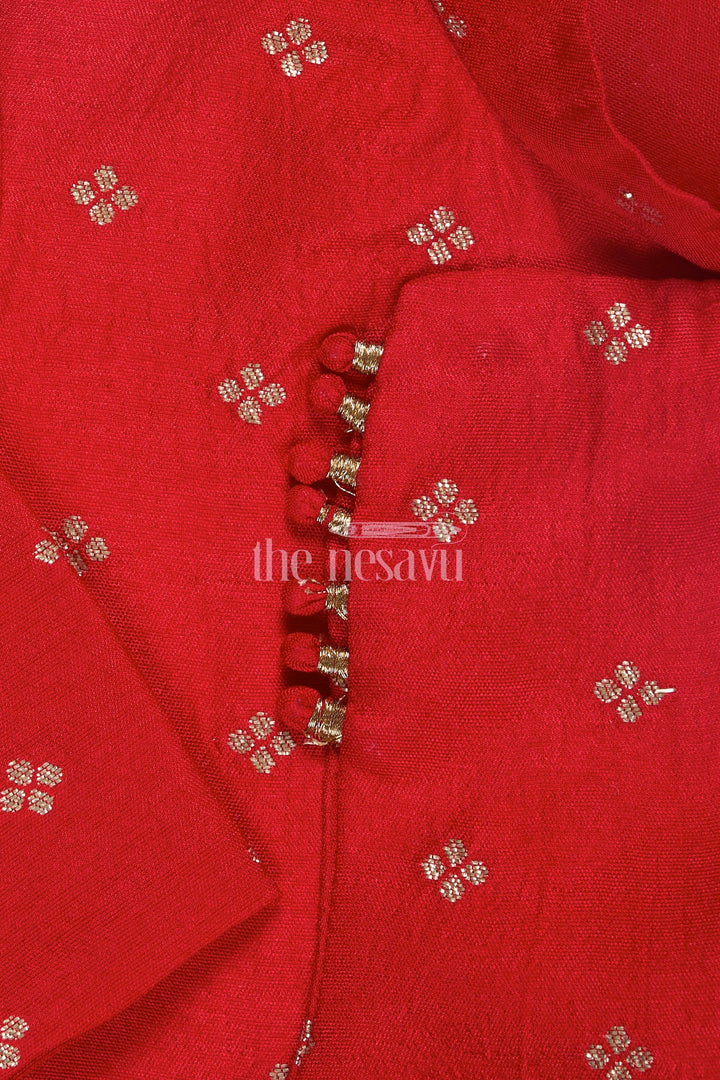 The Nesavu Boys Dothi Set Boys Kurta Dhoti Set in Red with Semi-Silk Banarasi Buttis and Beige Dhoti Nesavu Nesavu Boys Kurta Dhoti Set Red Banarasi Buttis Beige Dhoti Festive Celebrations