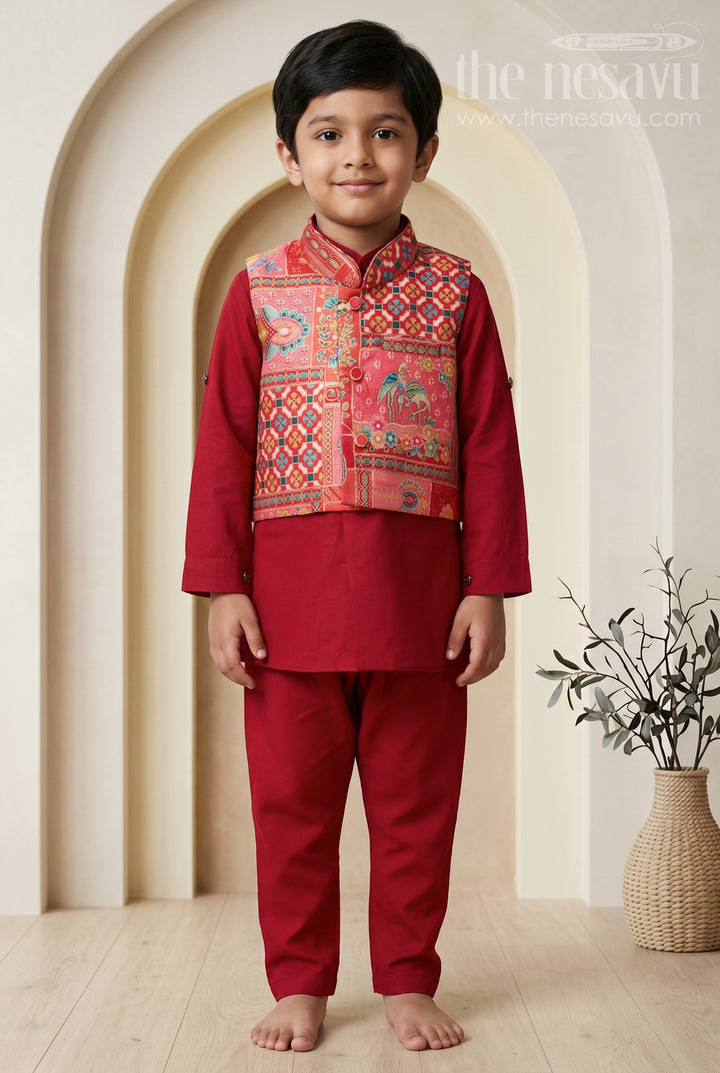 The Nesavu Boys Jacket Sets Boys Kurta Jacket Set for Festive Occasions and Family Weddings Nesavu 12 (3M) / Red / Viscose BES1026A-12 Nesavu Boys Festive Kurta Jacket Set With Printed Ethnic Jacket For Weddings And Celebrations