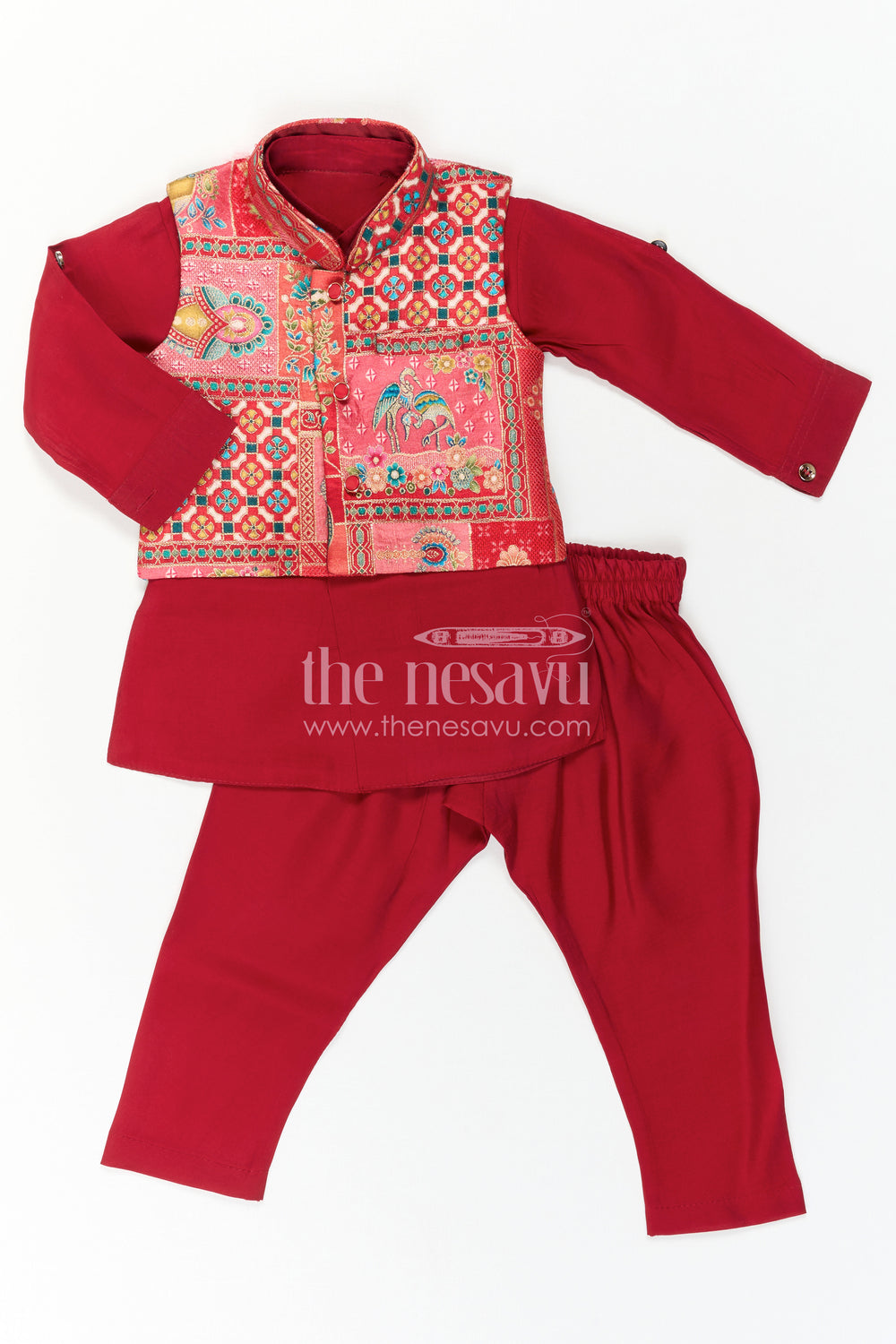 The Nesavu Boys Jacket Sets Boys Kurta Jacket Set for Festive Occasions and Family Weddings Nesavu Nesavu Boys Festive Kurta Jacket Set With Printed Ethnic Jacket For Weddings And Celebrations