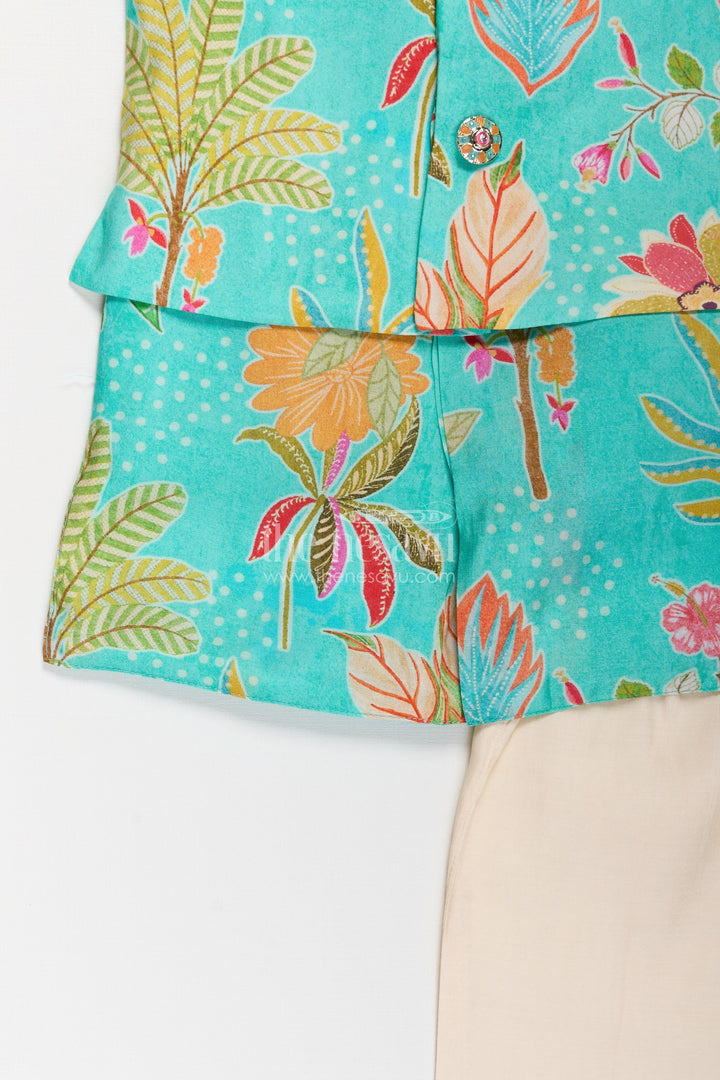 The Nesavu Boys Jacket Sets Boys Kurta Jacket Set in Digital Printed Muslin Silk with Vibrant Floral Designs and Cream Pants Nesavu Boys Muslin Silk Kurta Jacket Set Digital Floral Prints Cream Pants Festive Wear | The Nesavu