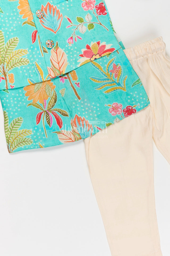 The Nesavu Boys Jacket Sets Boys Kurta Jacket Set in Digital Printed Muslin Silk with Vibrant Floral Designs and Cream Pants Nesavu Boys Muslin Silk Kurta Jacket Set Digital Floral Prints Cream Pants Festive Wear | The Nesavu