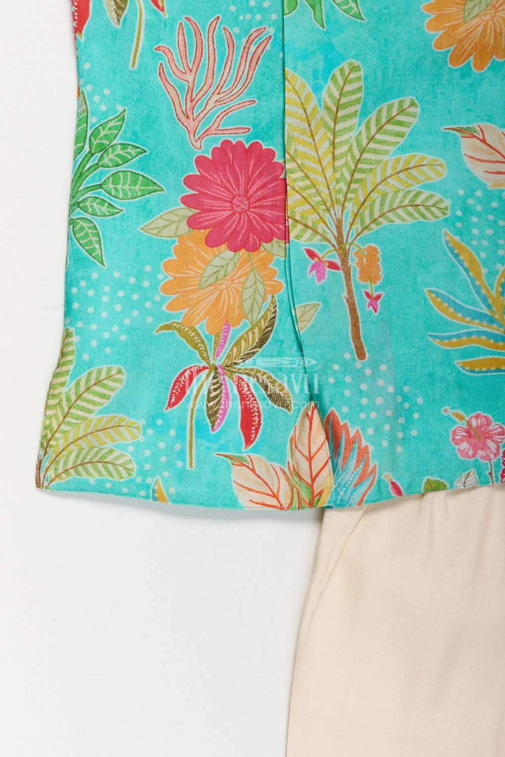 The Nesavu Boys Jacket Sets Boys Kurta Jacket Set in Digital Printed Muslin Silk with Vibrant Floral Designs and Cream Pants Nesavu Boys Muslin Silk Kurta Jacket Set Digital Floral Prints Cream Pants Festive Wear | The Nesavu