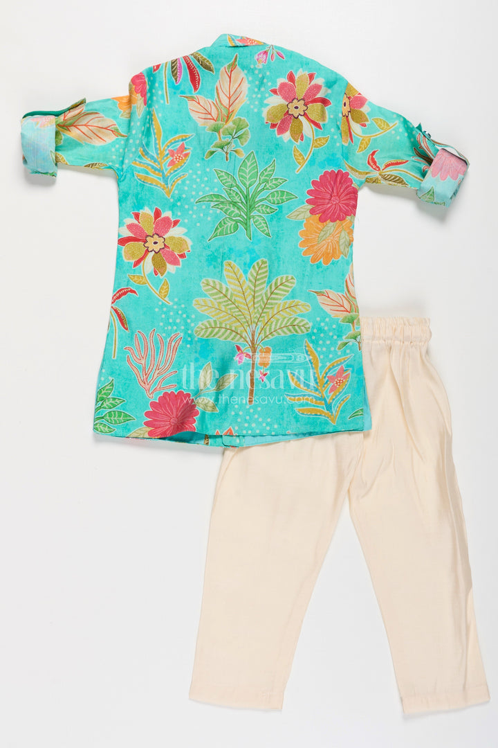 The Nesavu Boys Jacket Sets Boys Kurta Jacket Set in Digital Printed Muslin Silk with Vibrant Floral Designs and Cream Pants Nesavu Boys Muslin Silk Kurta Jacket Set Digital Floral Prints Cream Pants Festive Wear | The Nesavu