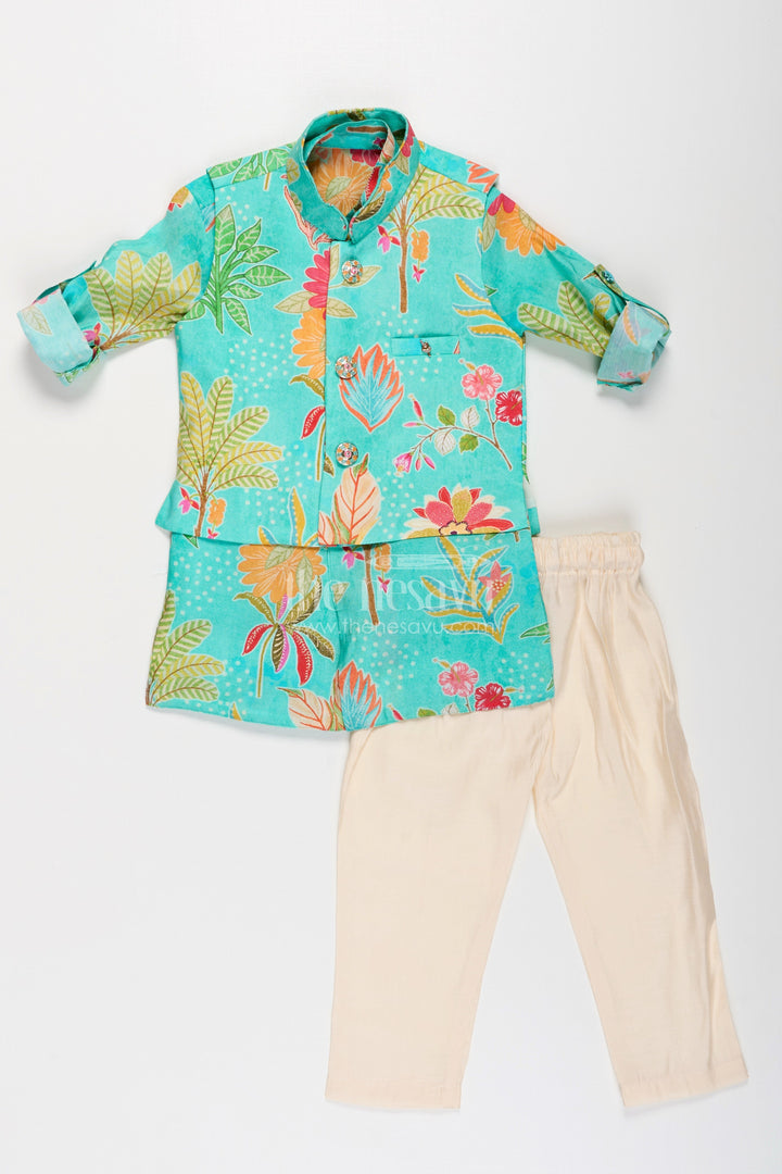 The Nesavu Boys Jacket Sets Boys Kurta Jacket Set in Digital Printed Muslin Silk with Vibrant Floral Designs and Cream Pants Nesavu Boys Muslin Silk Kurta Jacket Set Digital Floral Prints Cream Pants Festive Wear | The Nesavu