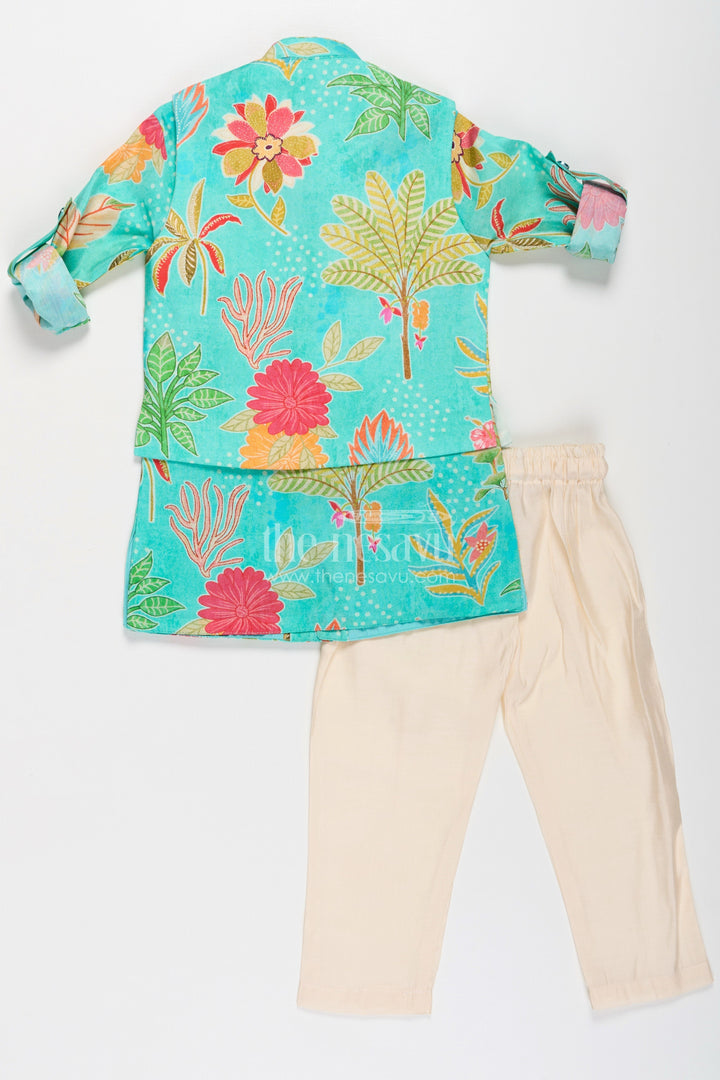 The Nesavu Boys Jacket Sets Boys Kurta Jacket Set in Digital Printed Muslin Silk with Vibrant Floral Designs and Cream Pants Nesavu Boys Muslin Silk Kurta Jacket Set Digital Floral Prints Cream Pants Festive Wear | The Nesavu