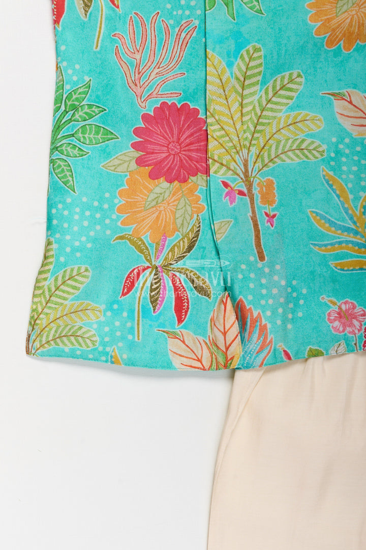 The Nesavu Boys Jacket Sets Boys Kurta Jacket Set in Digital Printed Muslin Silk with Vibrant Floral Designs and Cream Pants Nesavu Boys Muslin Silk Kurta Jacket Set Digital Floral Prints Cream Pants Festive Wear | The Nesavu