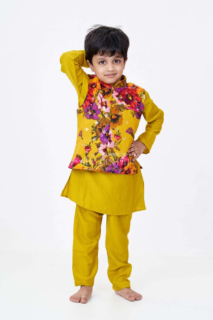 The Nesavu Boys Kurtha Set Boys Kurta Pajama and Jacket Set in Viscose Blend with Floral Digital Print and Embroidered Sequins Nesavu 16 (1Y) / Green BES672A-16 Nesavu Boys Kurta Pajama Jacket Set Digital Floral Print Embroidery Viscose Blend