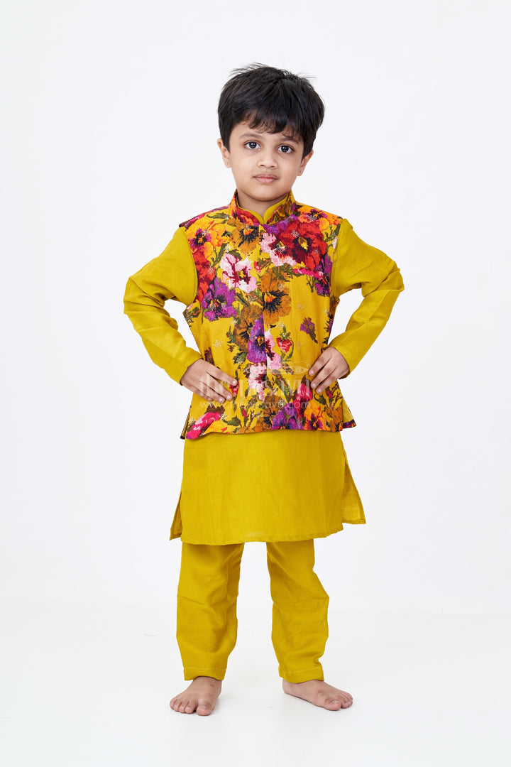 The Nesavu Boys Kurtha Set Boys Kurta Pajama and Jacket Set in Viscose Blend with Floral Digital Print and Embroidered Sequins Nesavu Nesavu Boys Kurta Pajama Jacket Set Digital Floral Print Embroidery Viscose Blend