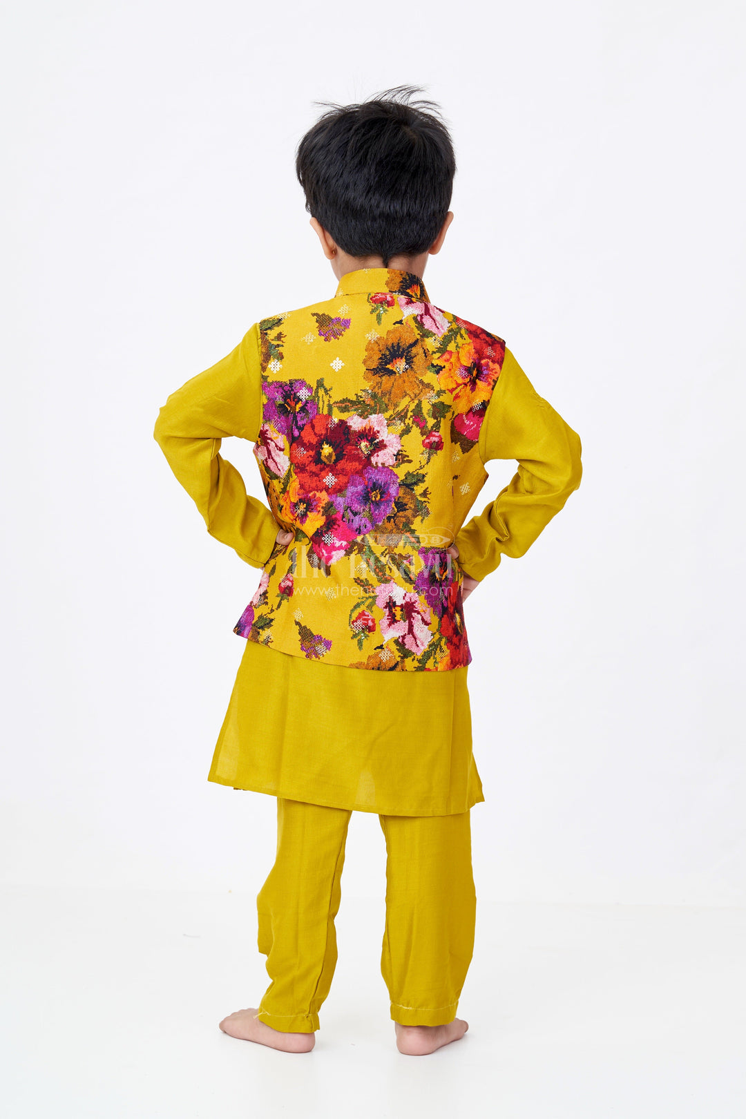 The Nesavu Boys Kurtha Set Boys Kurta Pajama and Jacket Set in Viscose Blend with Floral Digital Print and Embroidered Sequins Nesavu Nesavu Boys Kurta Pajama Jacket Set Digital Floral Print Embroidery Viscose Blend