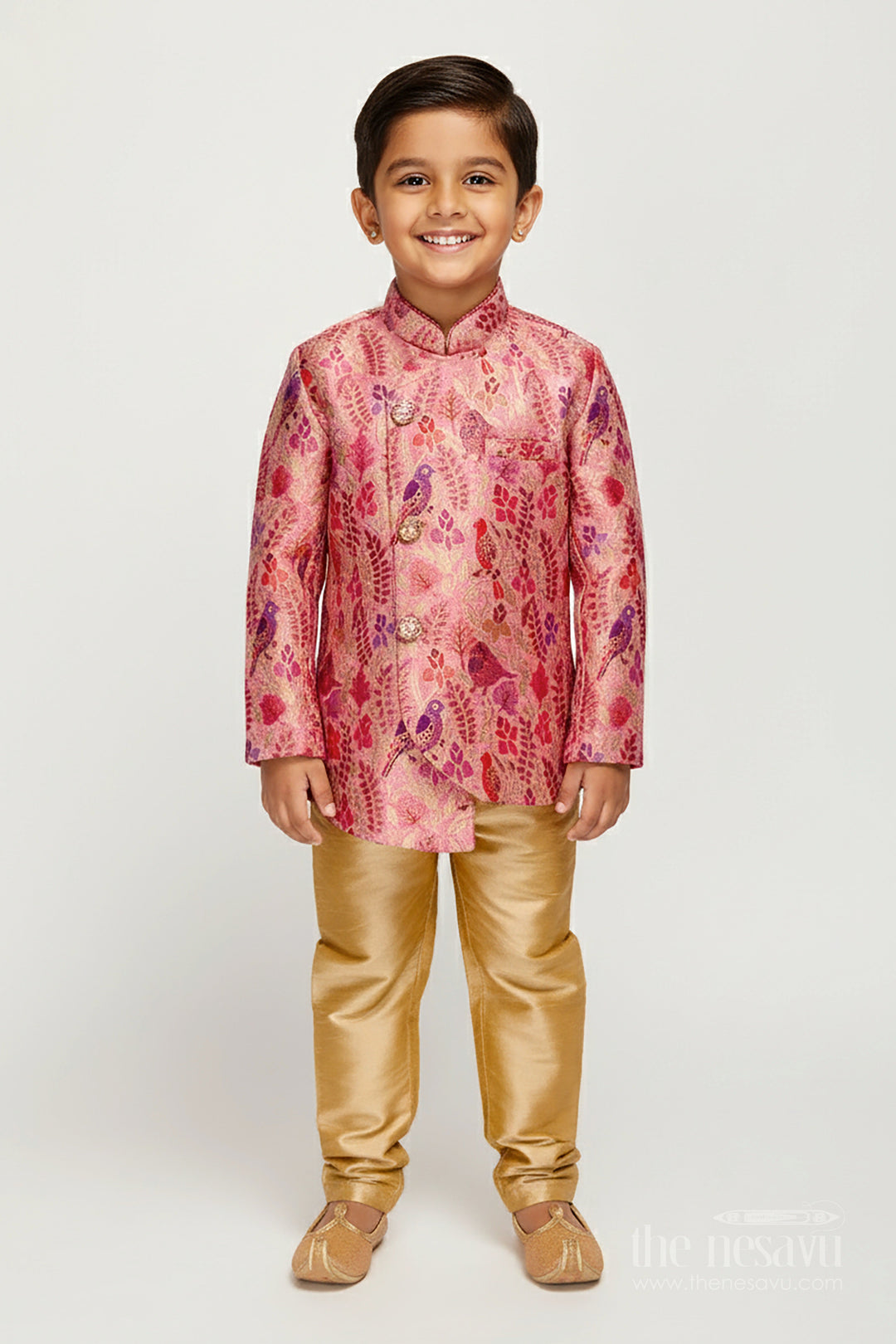 The Nesavu Boys Dothi Set Boys Kurta Pajama Set with Bird Print for Cultural and Temple Wear Nesavu 12 (3M) / Pink BES809B-12 Nesavu boys kurta pajama set nature-inspired digital bird print cultural events