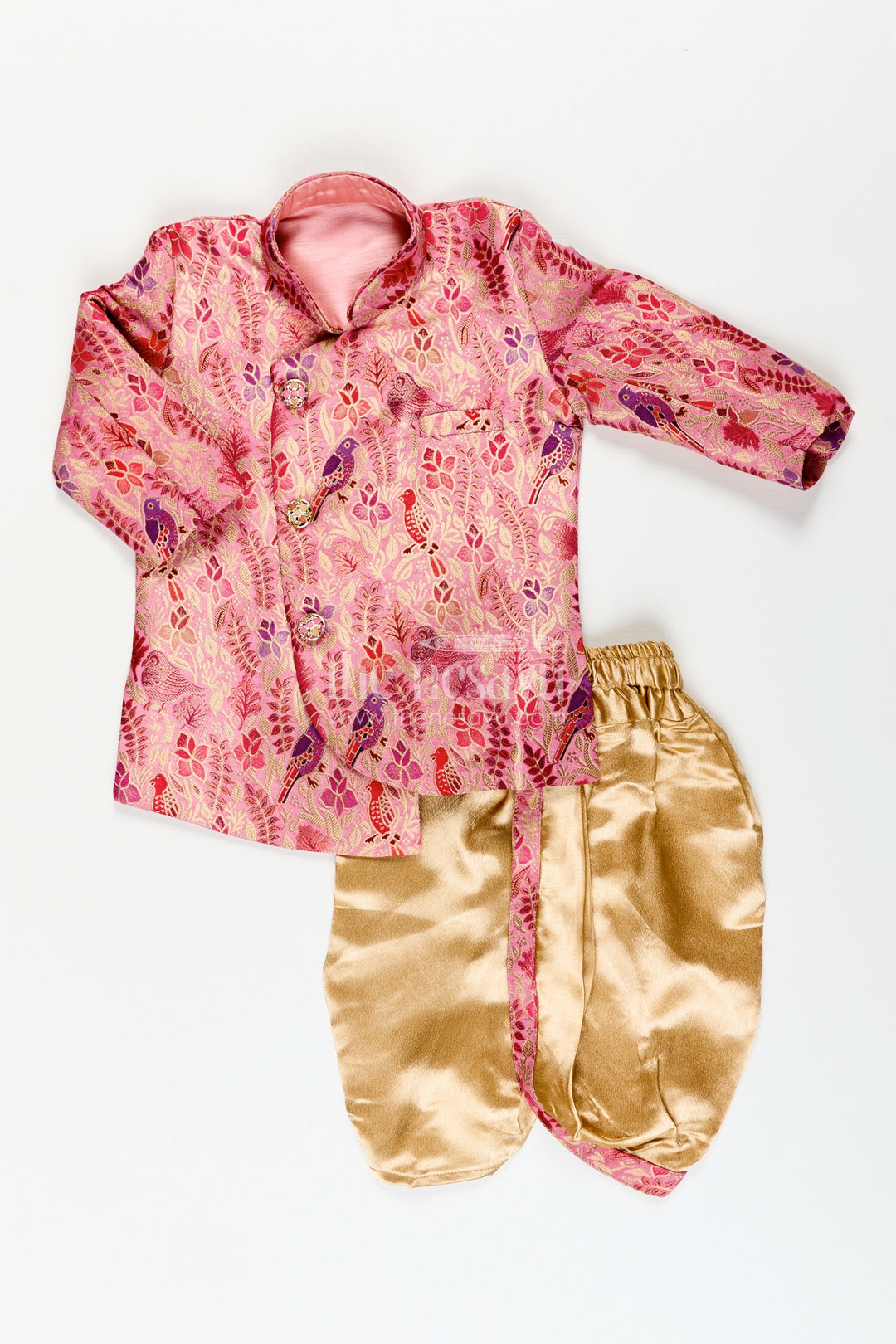 The Nesavu Boys Dothi Set Boys kurta pajama set with bird print for cultural and temple wear Nesavu Nesavu boys kurta pajama set nature-inspired digital bird print cultural events
