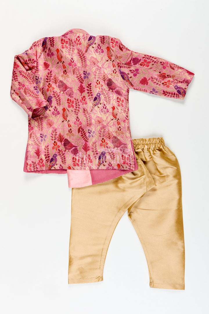 The Nesavu Boys Dothi Set Boys kurta pajama set with bird print for cultural and temple wear Nesavu Nesavu boys kurta pajama set nature-inspired digital bird print cultural events