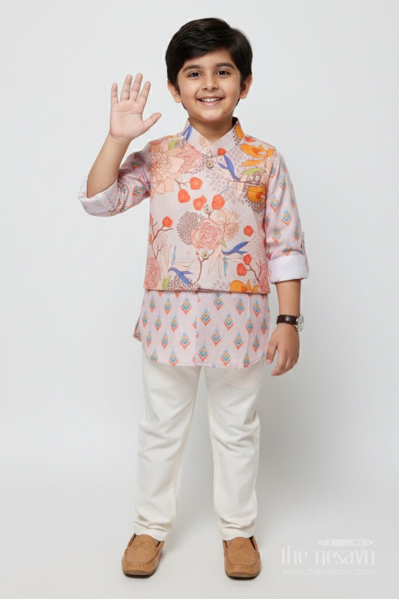 The Nesavu Boys Kurtha Set Boys Kurta Pajama with Printed Jacket for Weddings and Ethnic Functions Nesavu 14 (6M) / Beige BES918A-14 Nesavu boys kurta pajama printed jacket modal silk  perfect weddings festive days