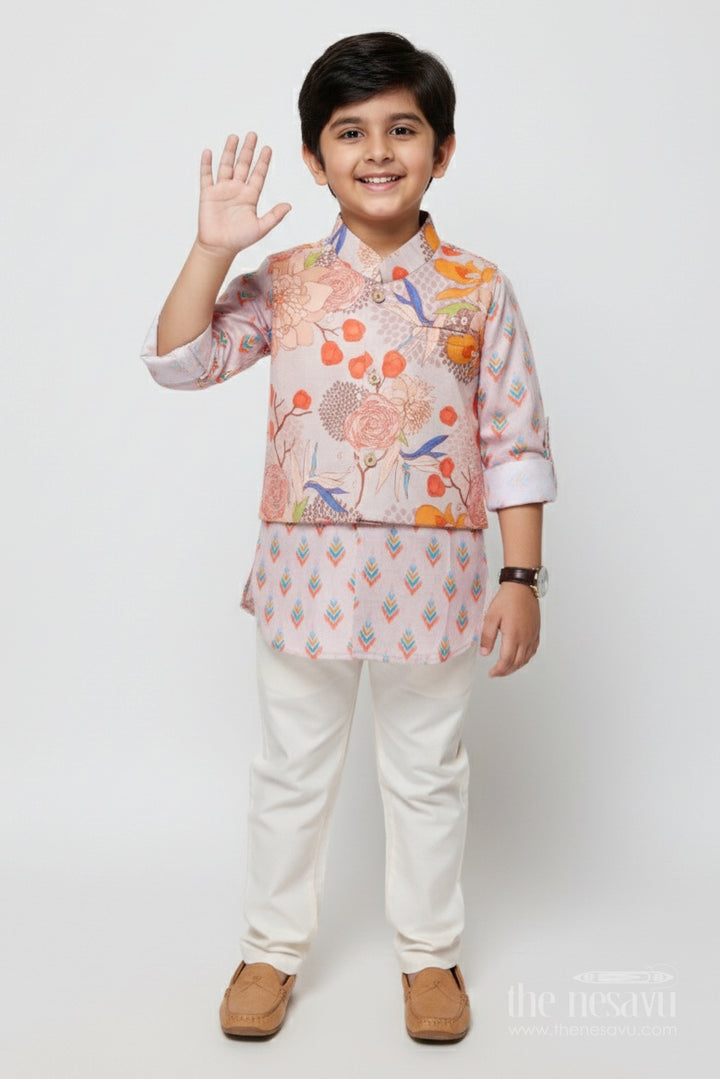 The Nesavu Boys Kurtha Set Boys Kurta Pajama with Printed Jacket for Weddings and Ethnic Functions Nesavu 14 (6M) / Beige BES918A-14 Nesavu boys kurta pajama printed jacket modal silk  perfect weddings festive days